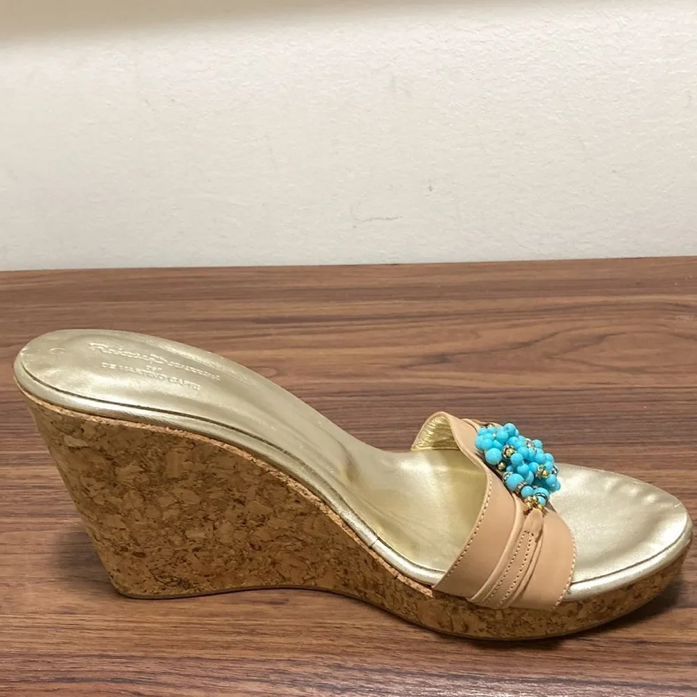De Martino Capri Cork Wedge Leather Sandal with Turquoise & Gold Beads. Size 8.